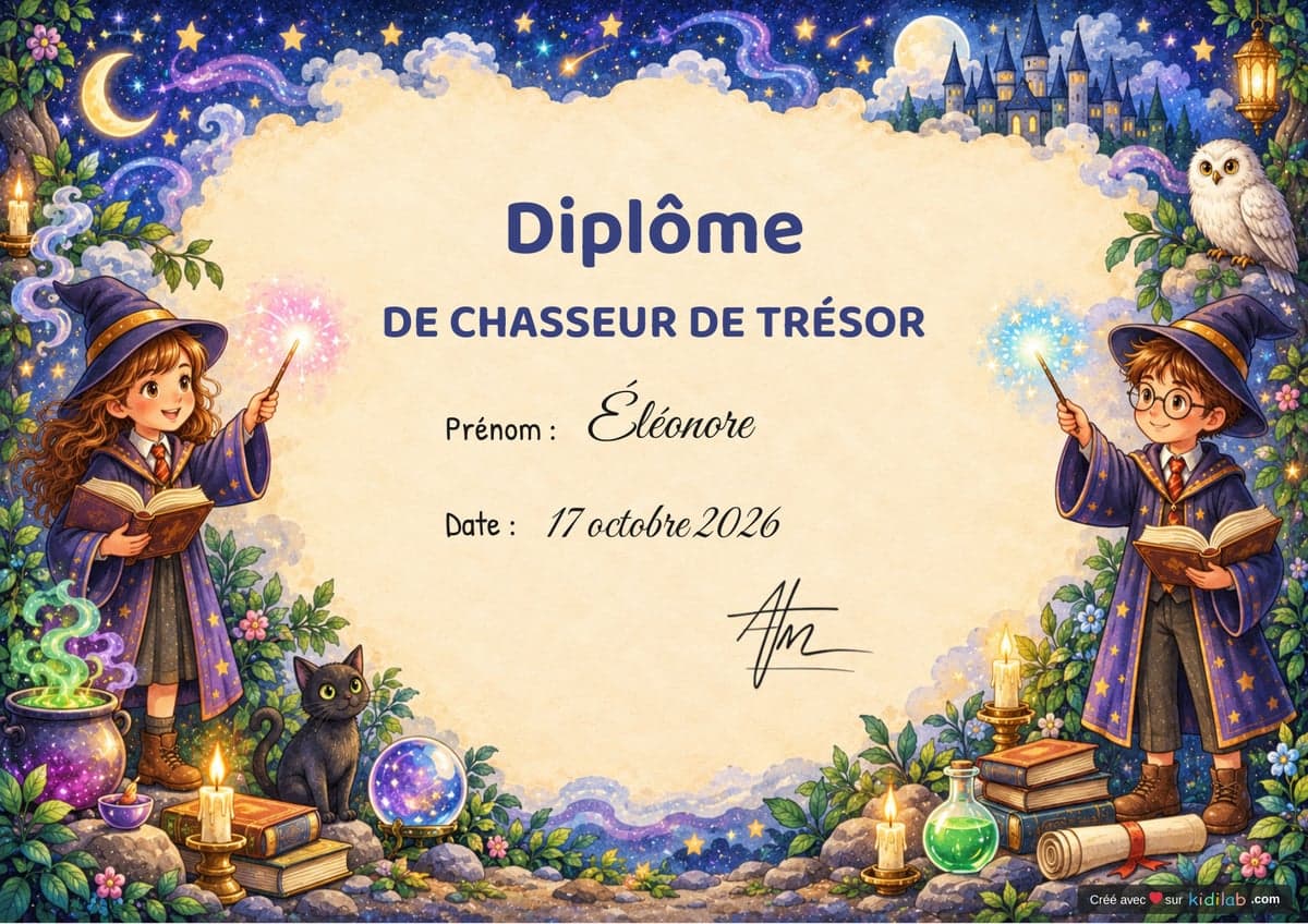 Diplôme de chasseur de trésor, thème Magie & Sorciers, 7-9 ans
