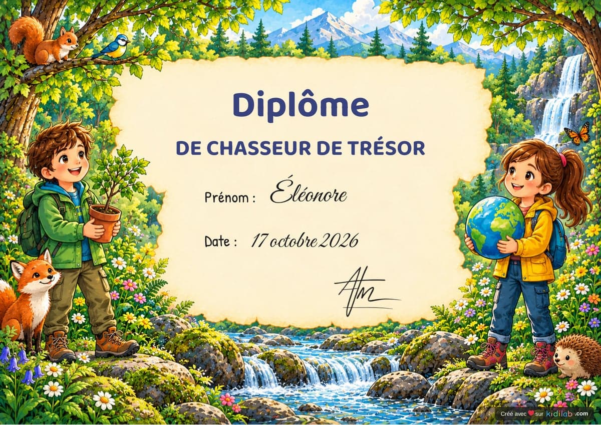 Diplôme chasse au trésor Nature & Écologie, 7-9 ans, à imprimer