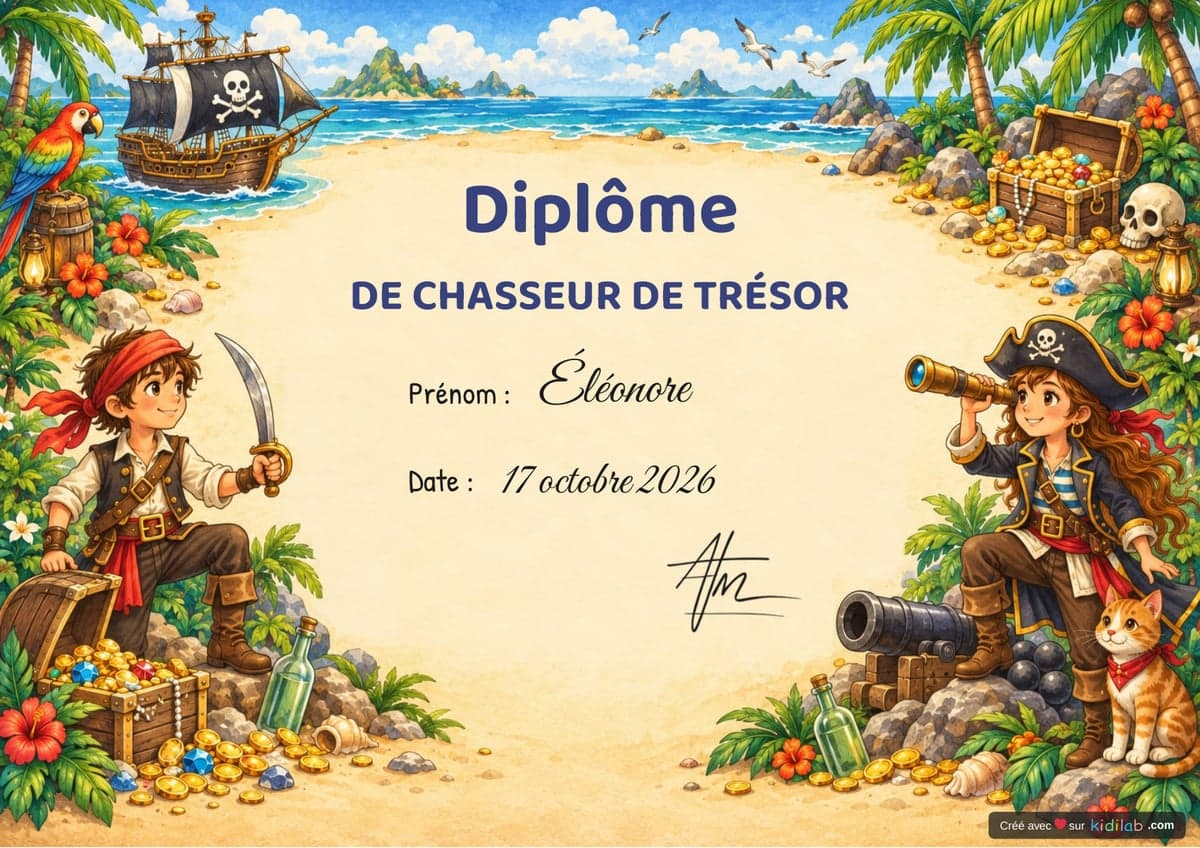 Diplôme de chasseur de trésor, thème Pirates, 7-9 ans