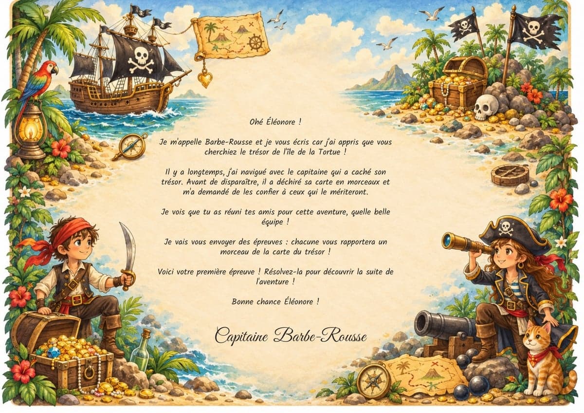 Lettre de mission de la chasse au trésor, thème Pirates, 7-9 ans