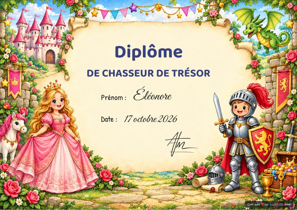 Diplôme de chasseur de trésor, thème Princesses & Chevaliers, 7-9 ans