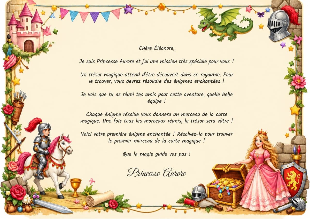 Lettre de mission de la chasse au trésor, thème Princesses & Chevaliers, 7-9 ans