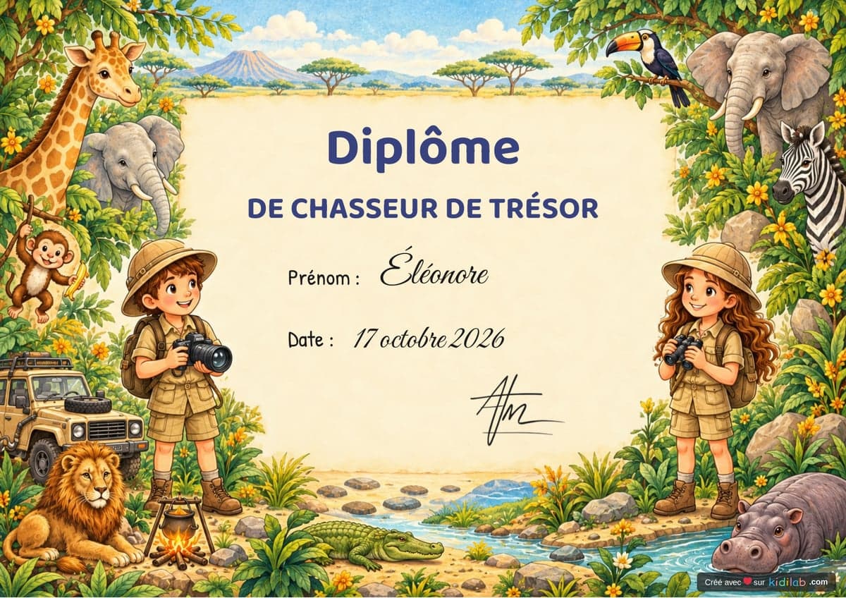 Diplôme de chasseur de trésor, thème Safari Animaux, 7-9 ans