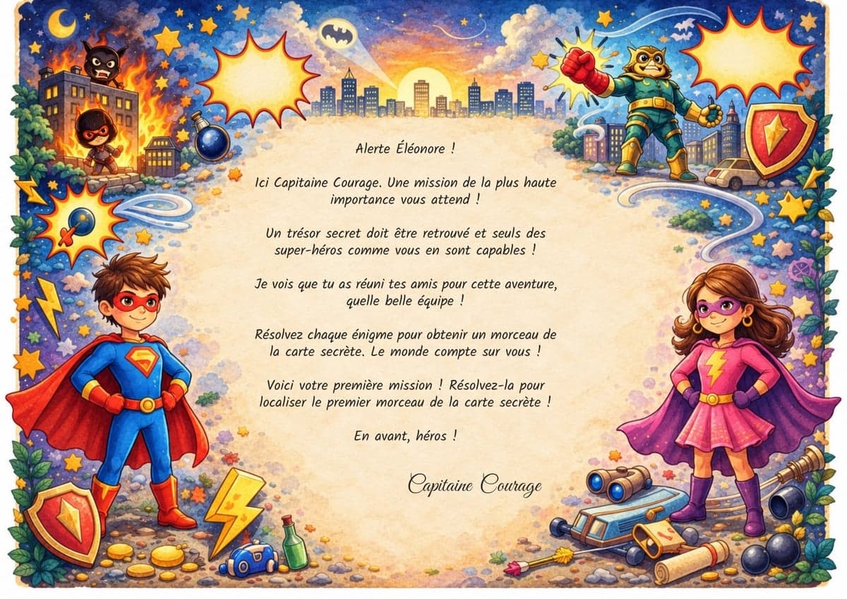 Lettre de mission de la chasse au trésor, thème Super-Héros, 7-9 ans