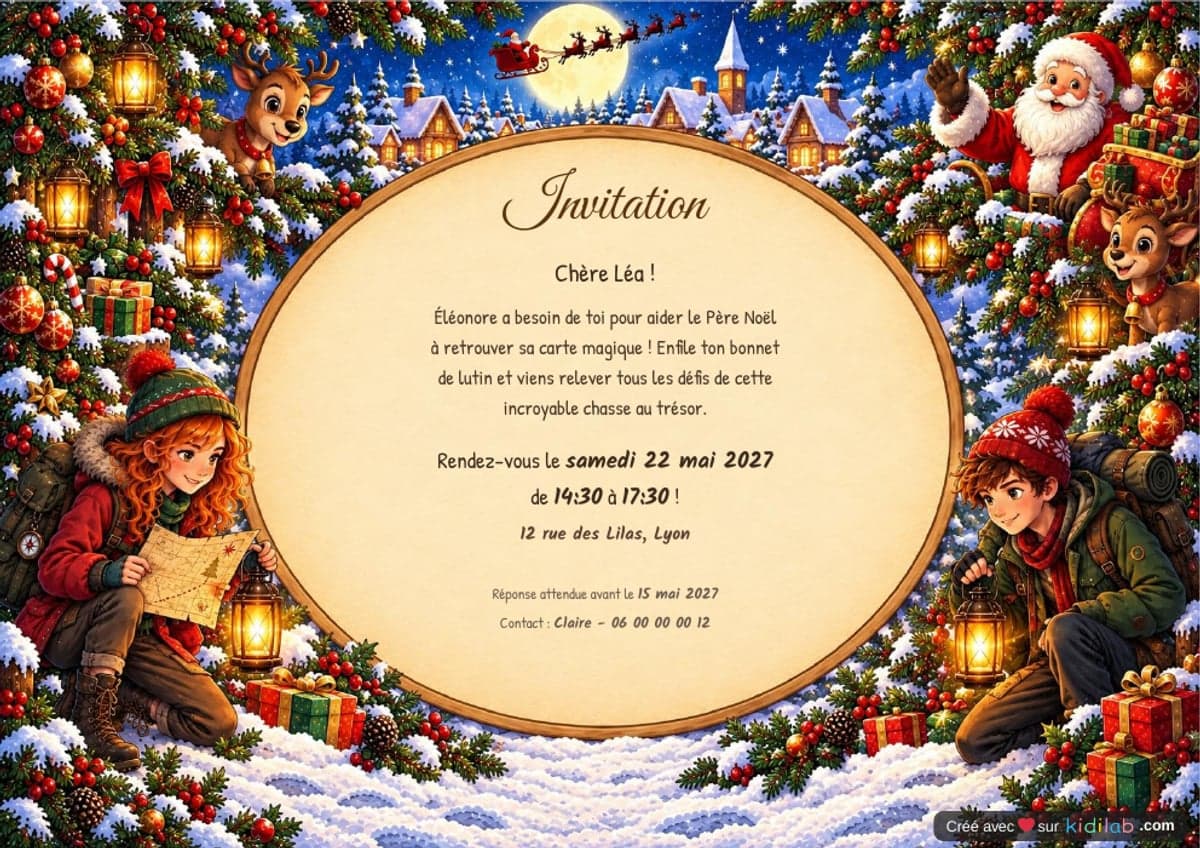 Invitation chasse au trésor Noël, 10-12 ans, à imprimer