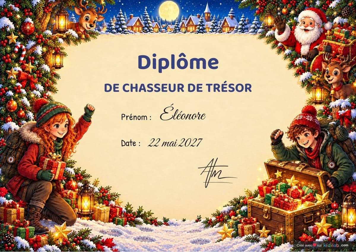 Diplôme de chasseur de trésor, thème Noël, 10-12 ans