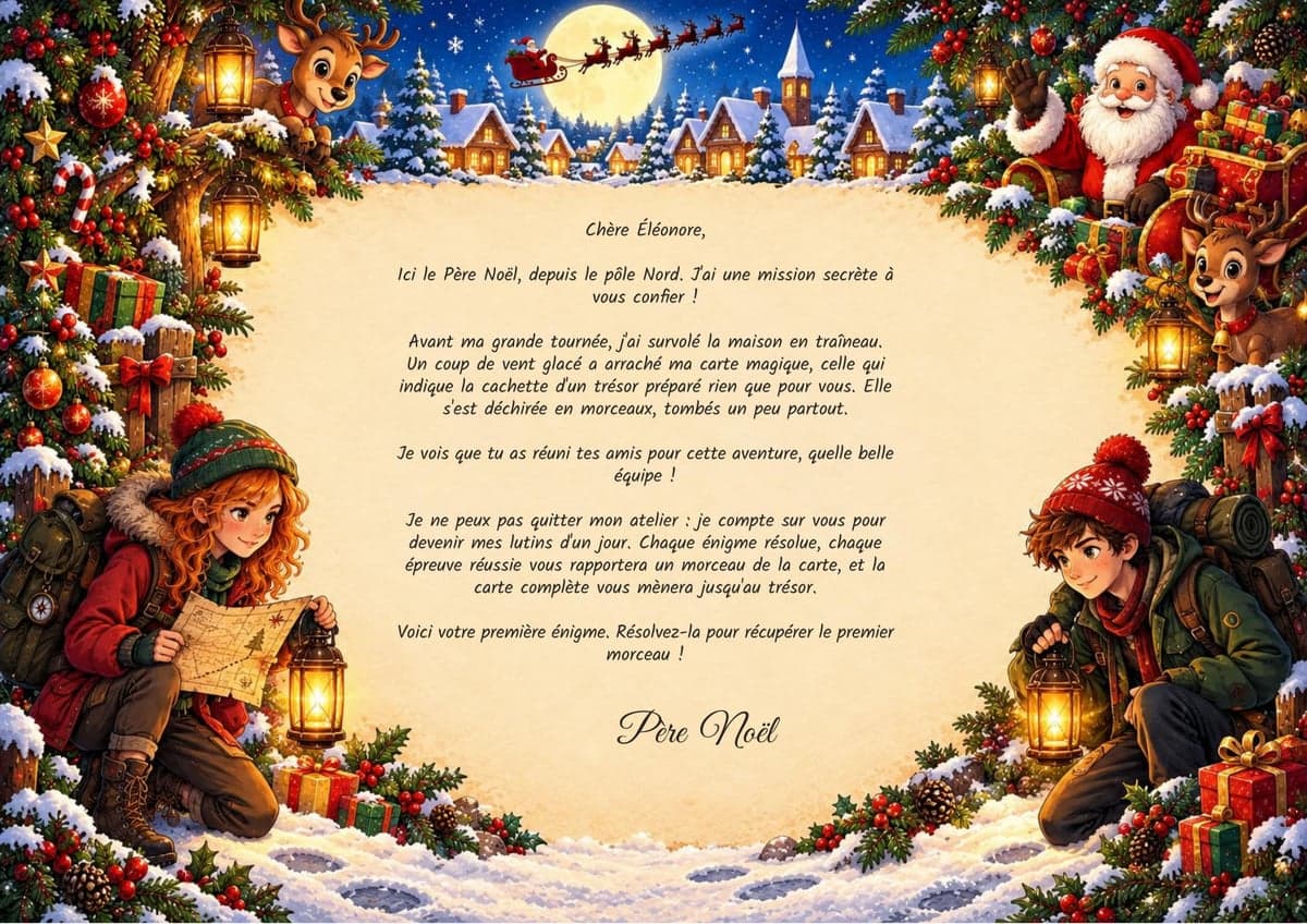 Lettre de mission de la chasse au trésor, thème Noël, 10-12 ans