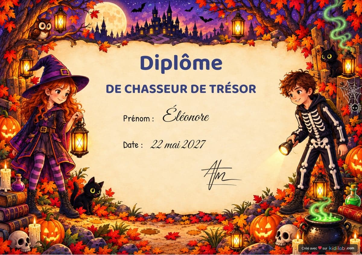 Diplôme de chasseur de trésor, thème Halloween, 10-12 ans