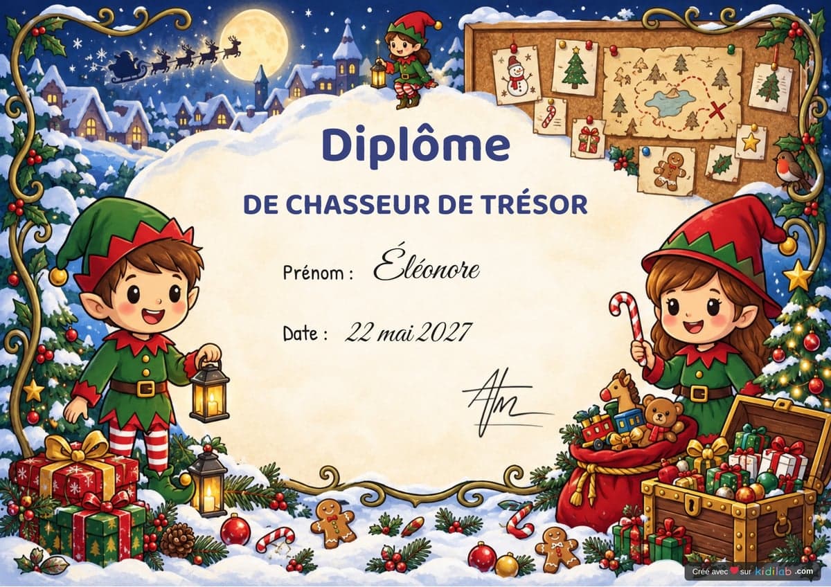 Diplôme de chasseur de trésor, thème Noël, 4-6 ans