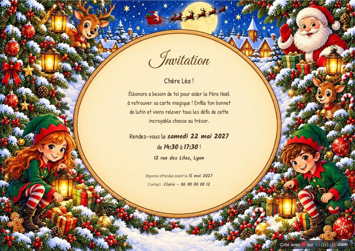 Invitation chasse au trésor Noël, 7-9 ans, à imprimer