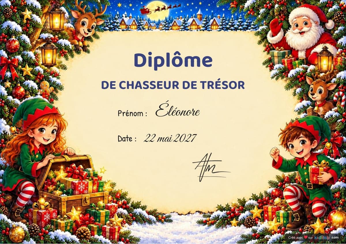 Diplôme chasse au trésor Noël, 7-9 ans, à imprimer