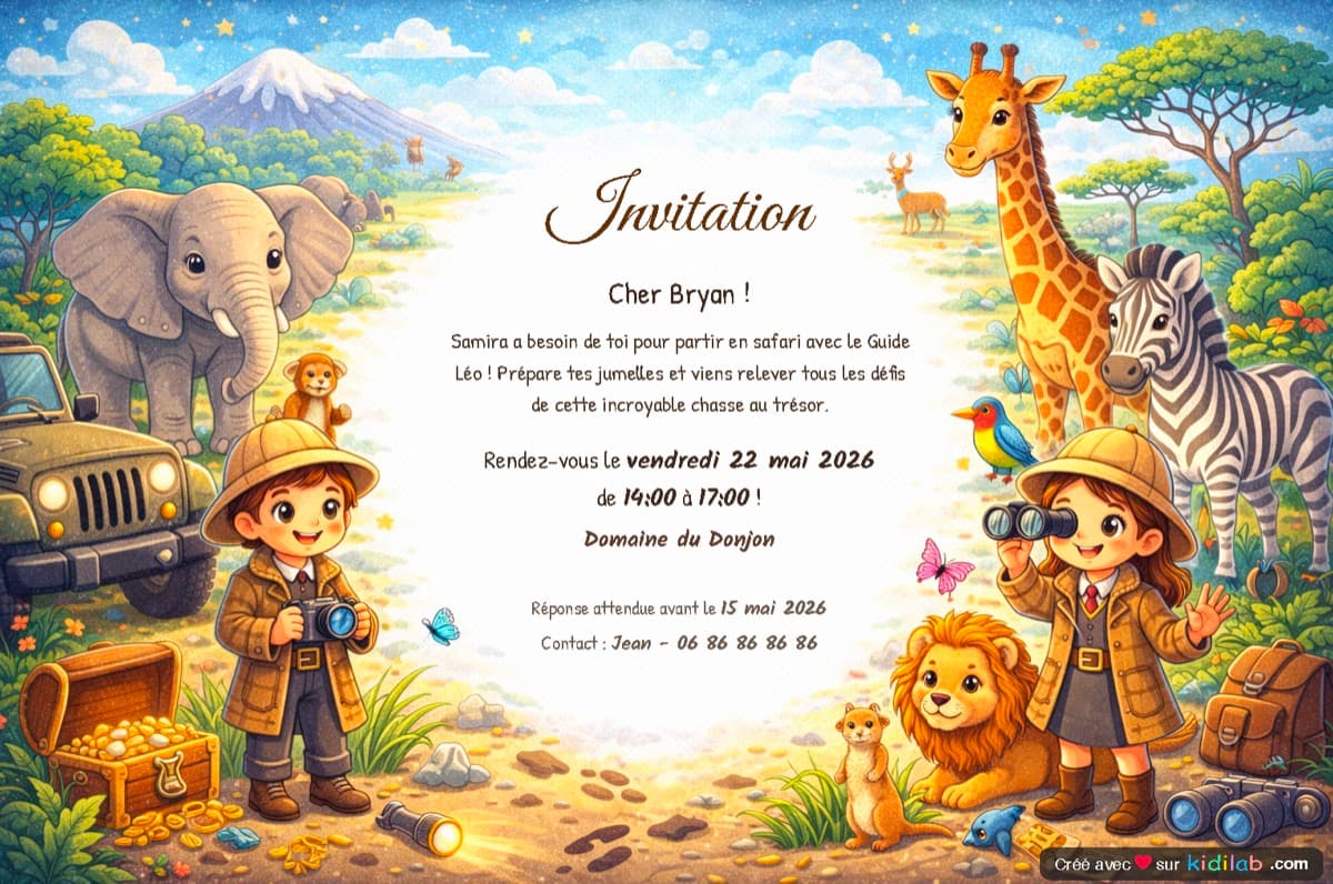 Invitation personnalisée sur le thème Safari Animaux