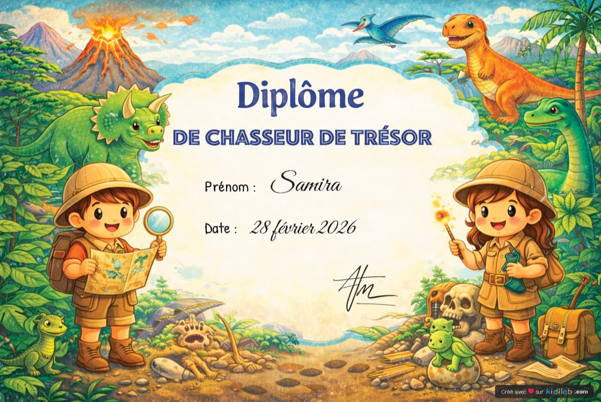 Diplôme de Paléontologue personnalisé au prénom de l'enfant