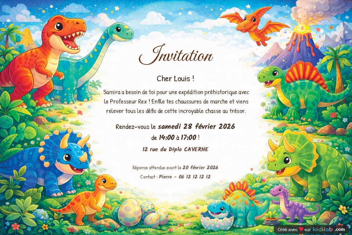 Invitation personnalisée sur le thème Dinosaures