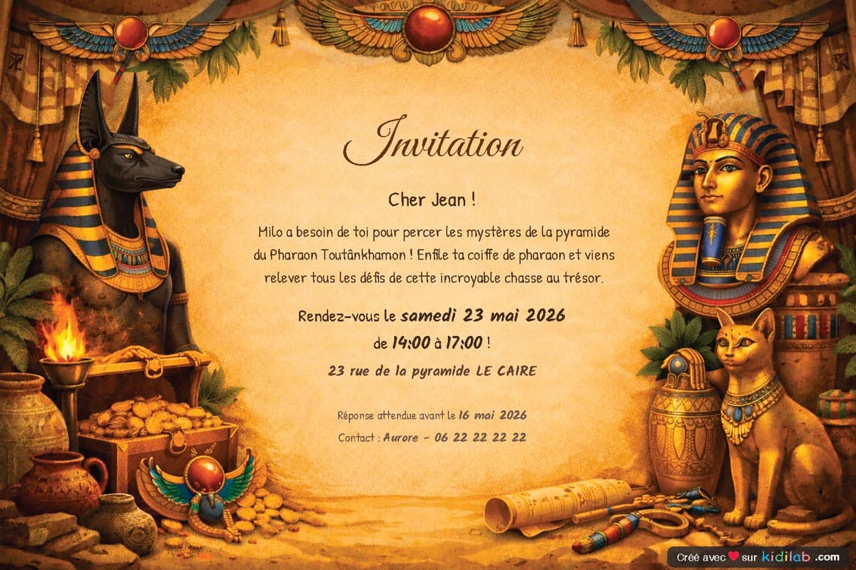 Invitation chasse au trésor Égypte & Pharaons, à imprimer