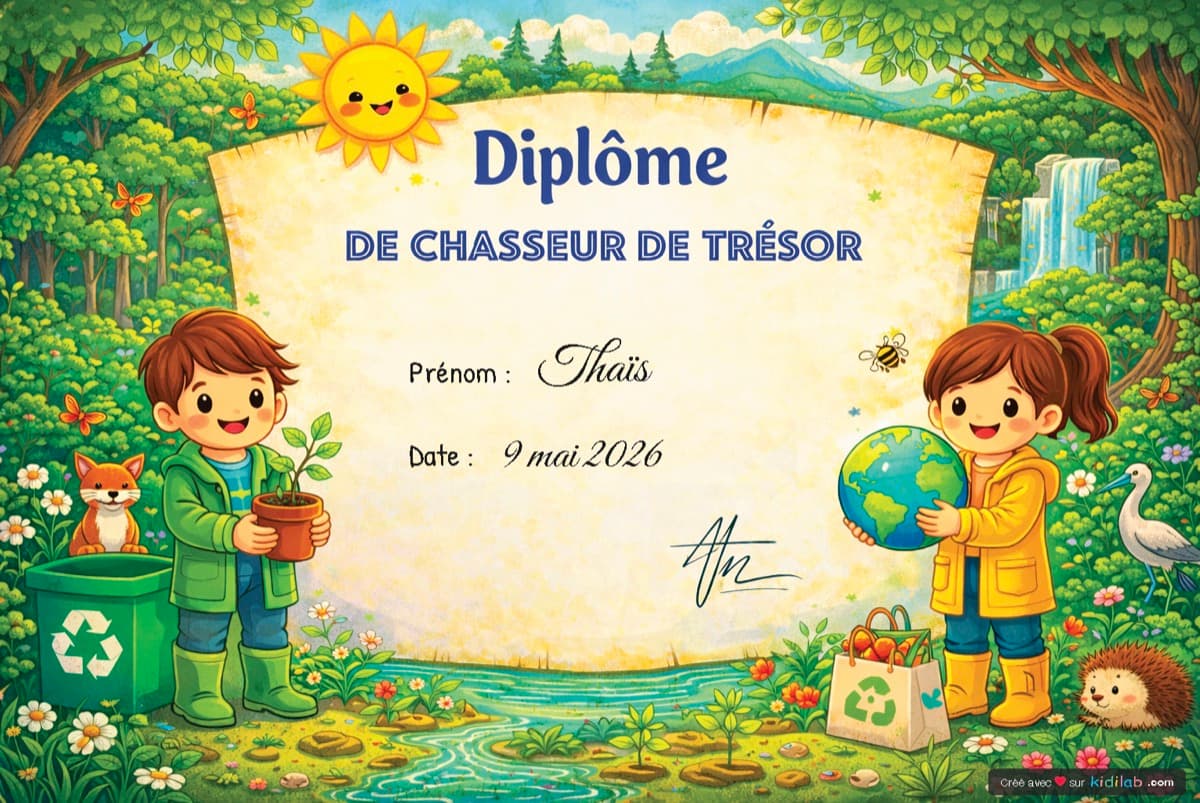 Diplôme d'Éco-Explorateur personnalisé au prénom de l'enfant