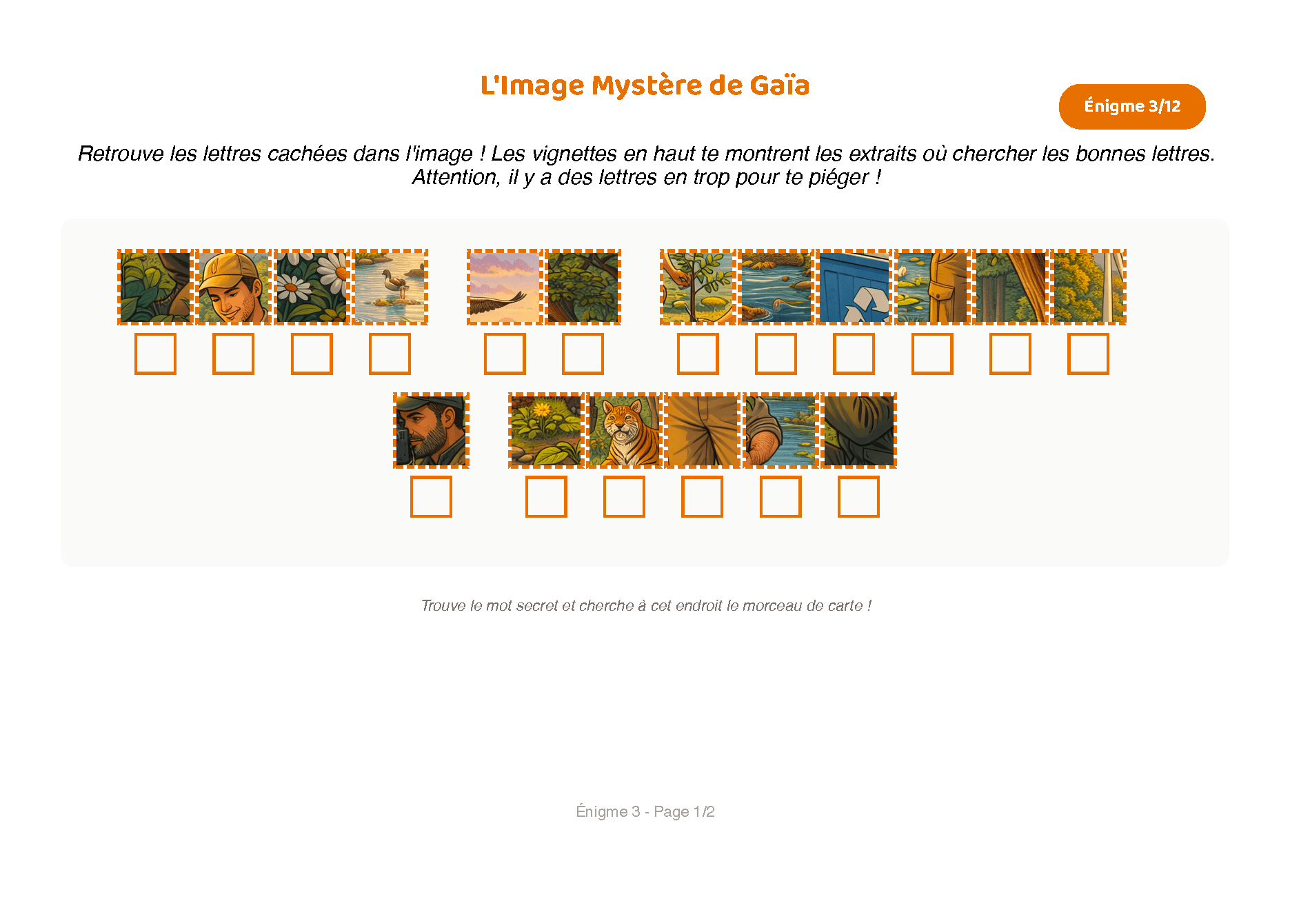 Exemple d'énigme initiales cachées avec vignettes de la nature
