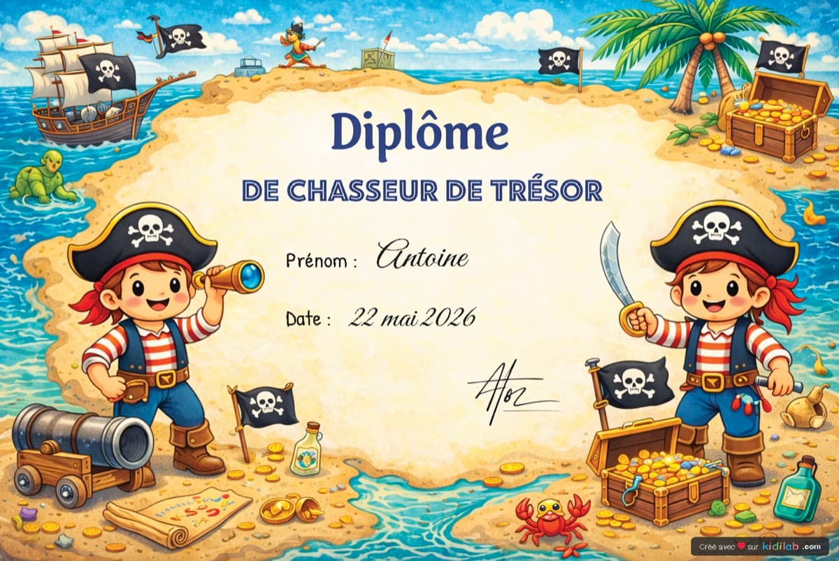 Diplôme de Chasseur de Trésor personnalisé au prénom de l'enfant