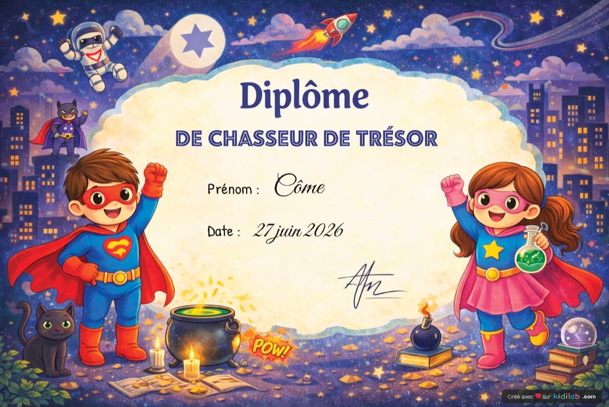 Diplôme de Super-Héros personnalisé au prénom de l'enfant