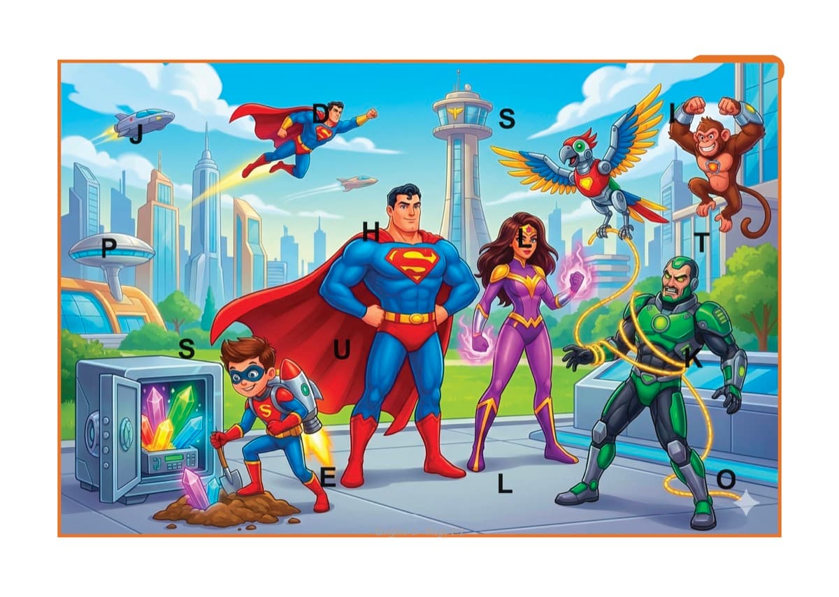 Exemple d'image mystère super-héros avec lettres cachées