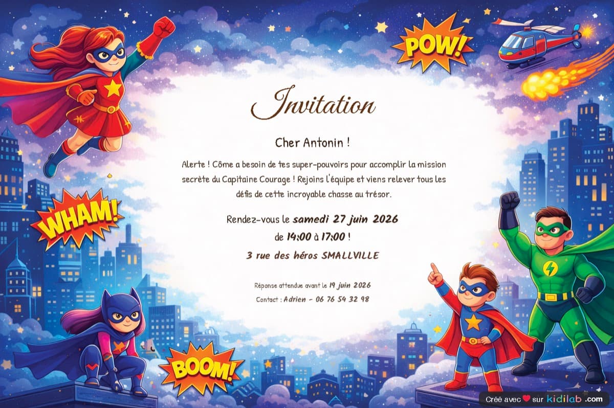 Invitation personnalisée sur le thème Super-Héros