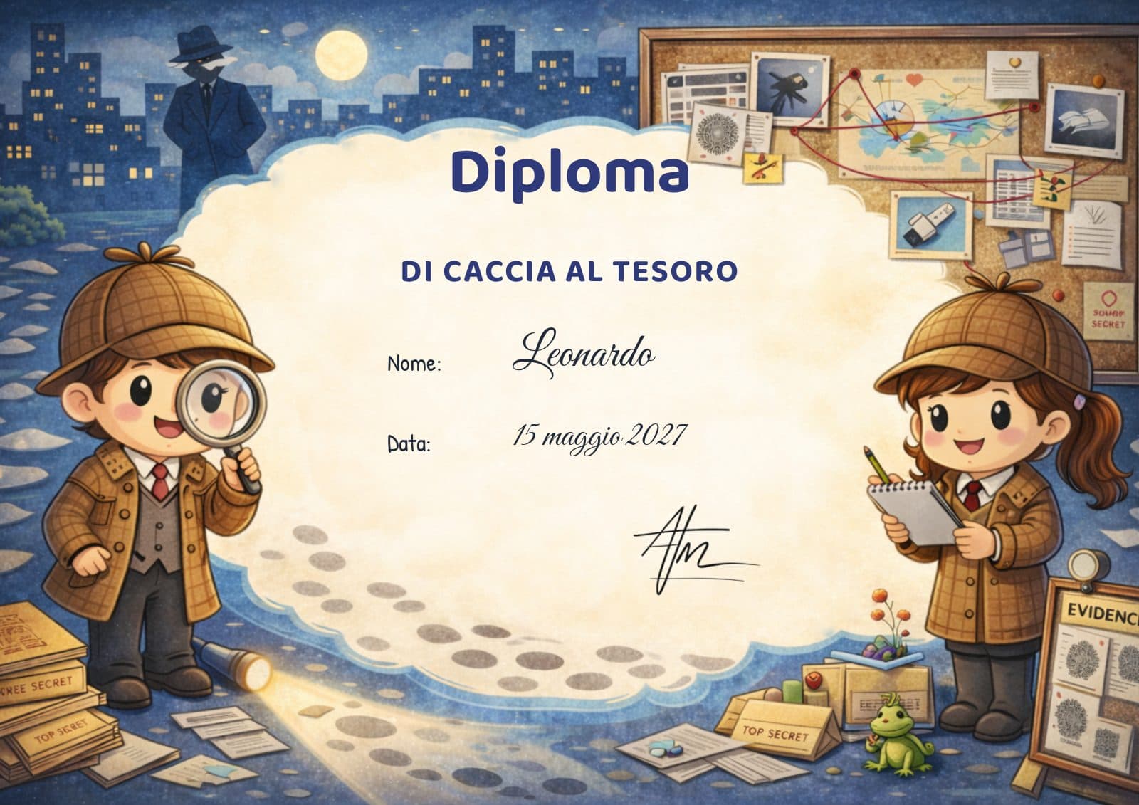 Diploma, tema Detective: esempio di documento Kidilab personalizzato