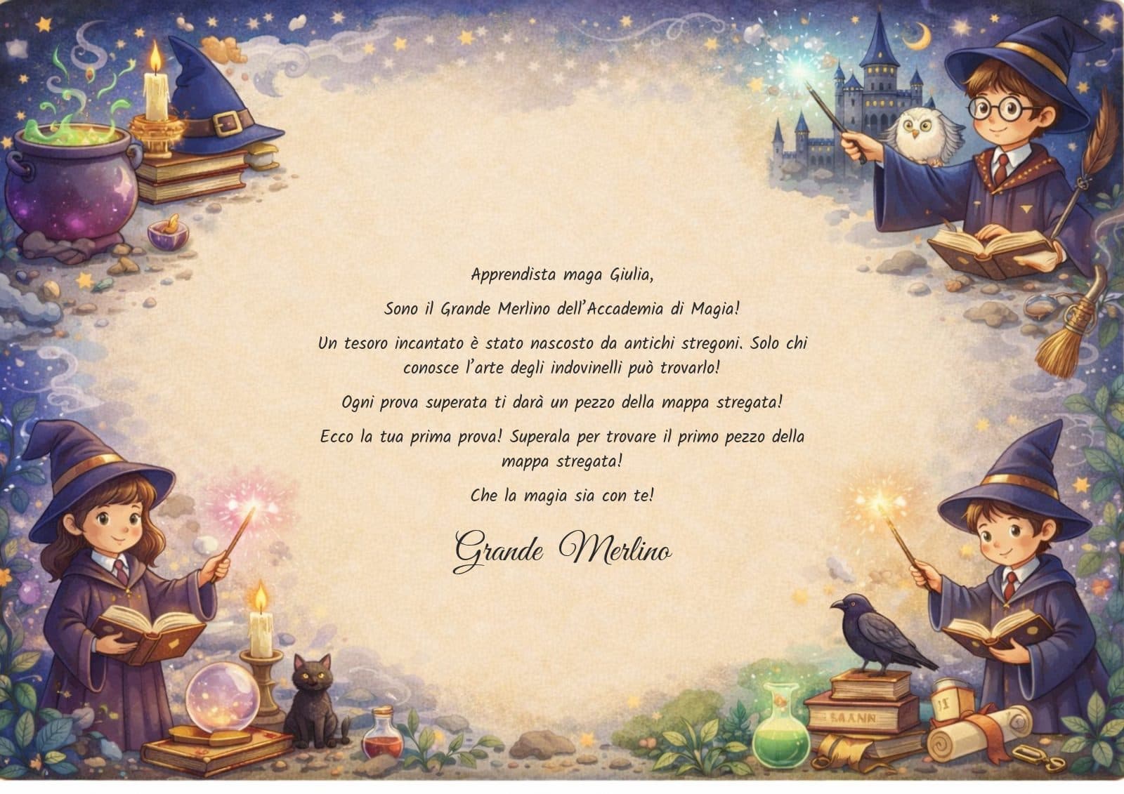 Lettera della missione, tema Magia: esempio di documento Kidilab personalizzato
