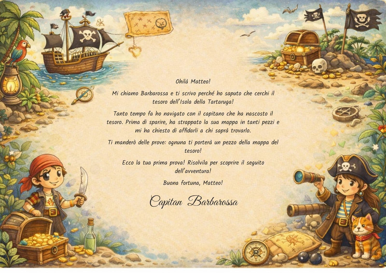 Lettera della missione, tema Pirati: esempio di documento Kidilab personalizzato