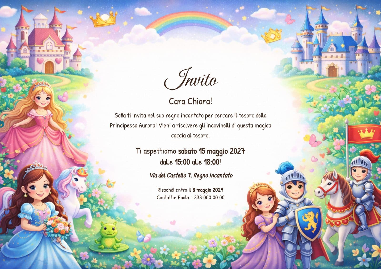 Invito, tema Principesse: esempio di documento Kidilab personalizzato