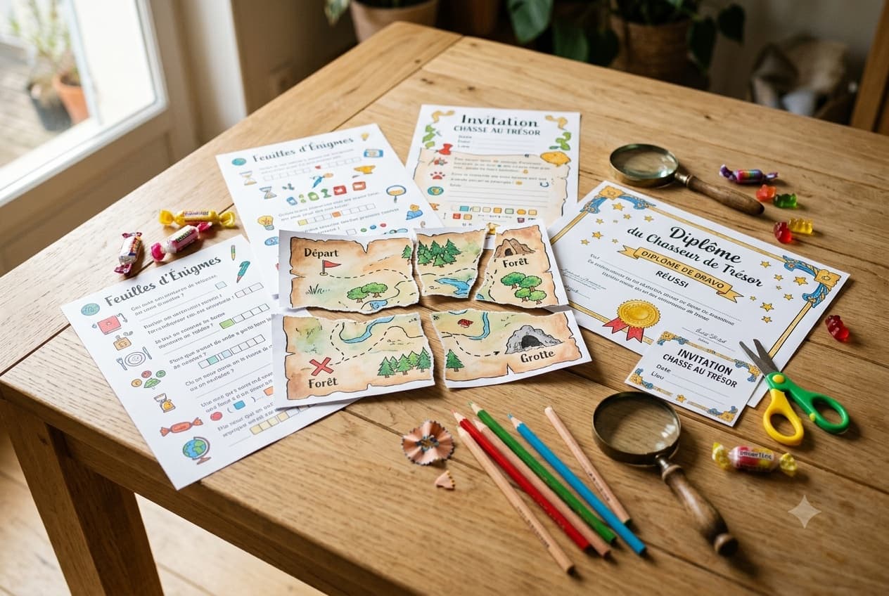 Le kit chasse au trésor imprimé : feuilles d'énigmes, carte au trésor découpée, invitations et diplôme, posés sur une table
