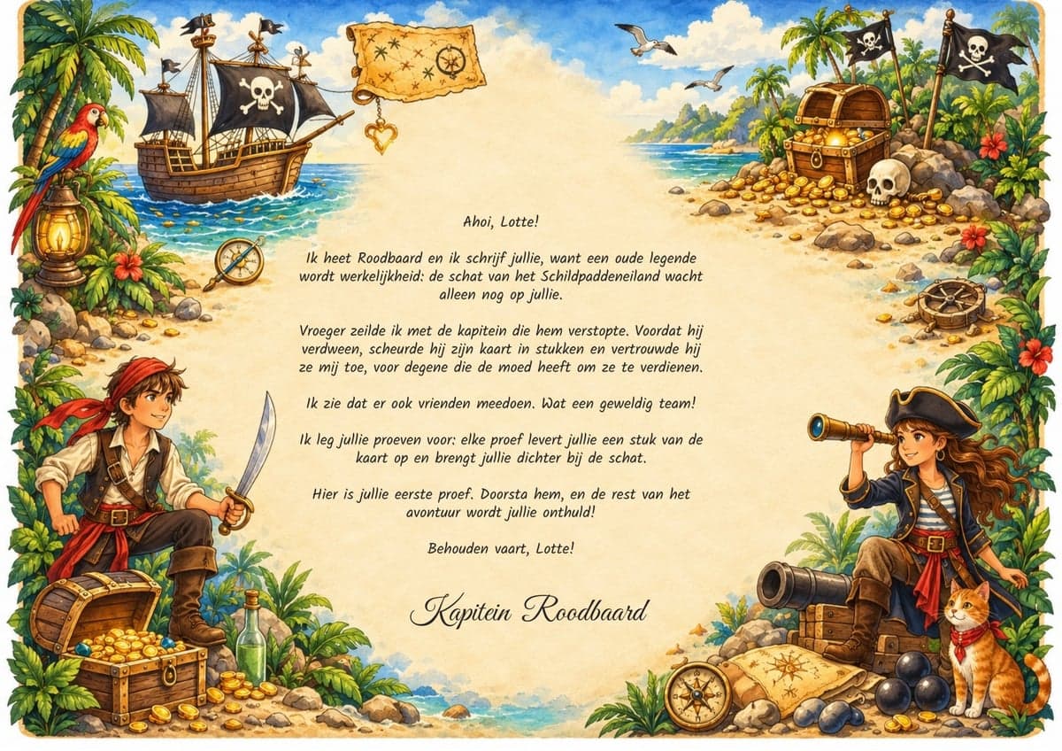 Welkomstbrief van de schattenjacht, thema Piraten, 10–12 jaar