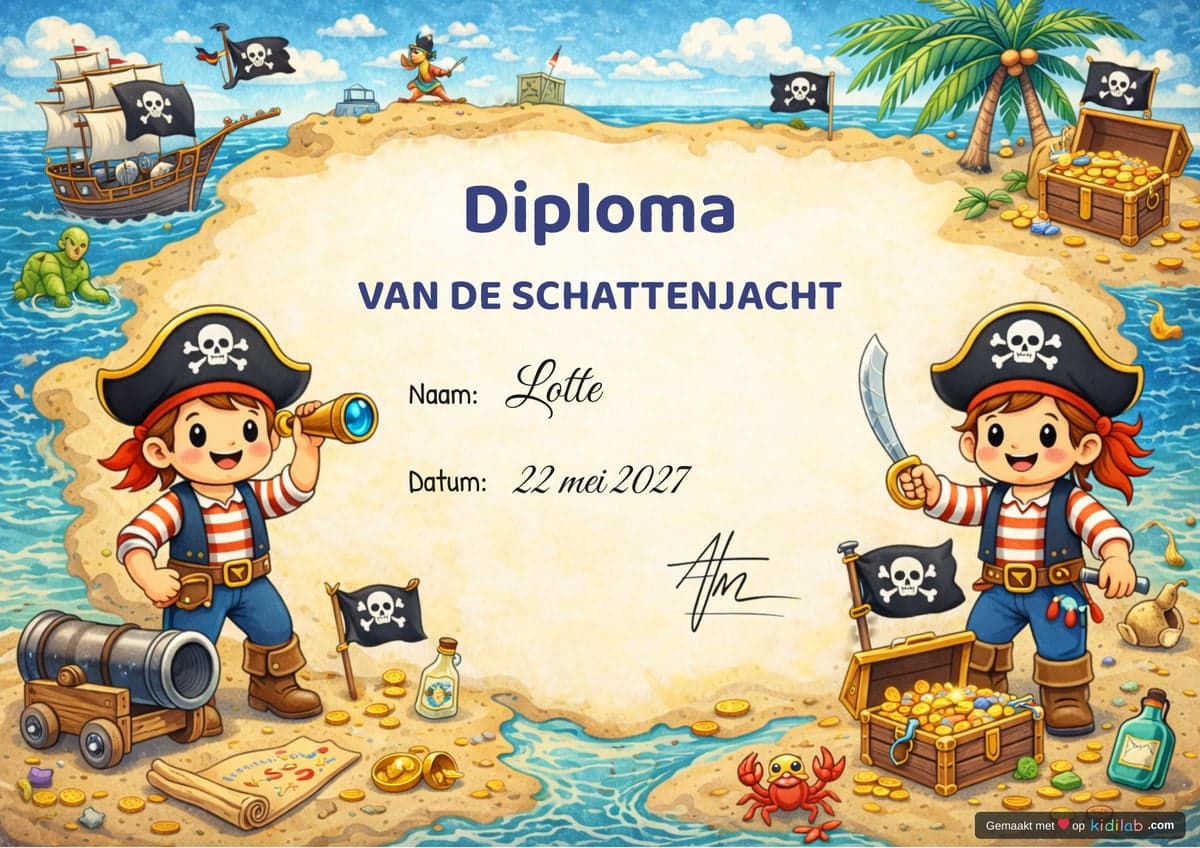 Diploma van de schattenjacht, thema Piraten, 4–6 jaar