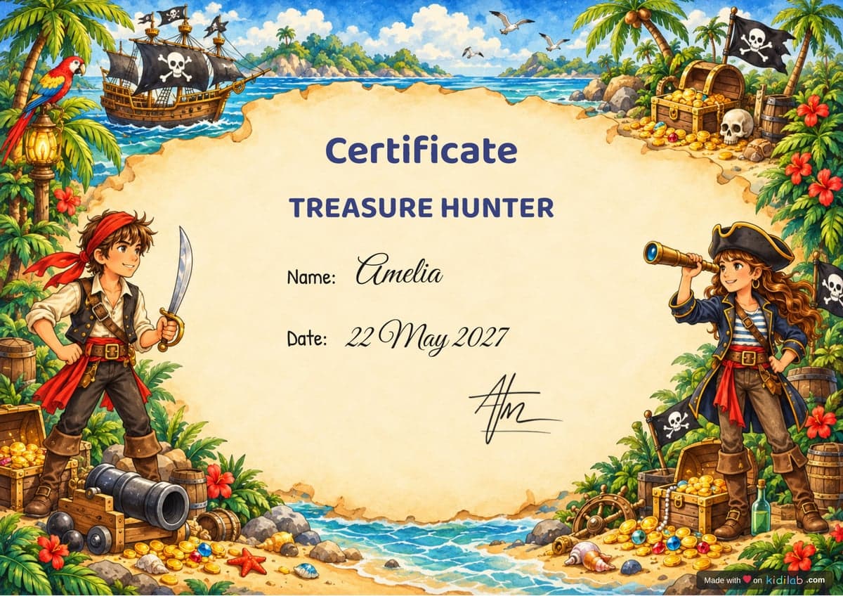 Treasure hunt certificate, theme: Pirates, 10–12 years