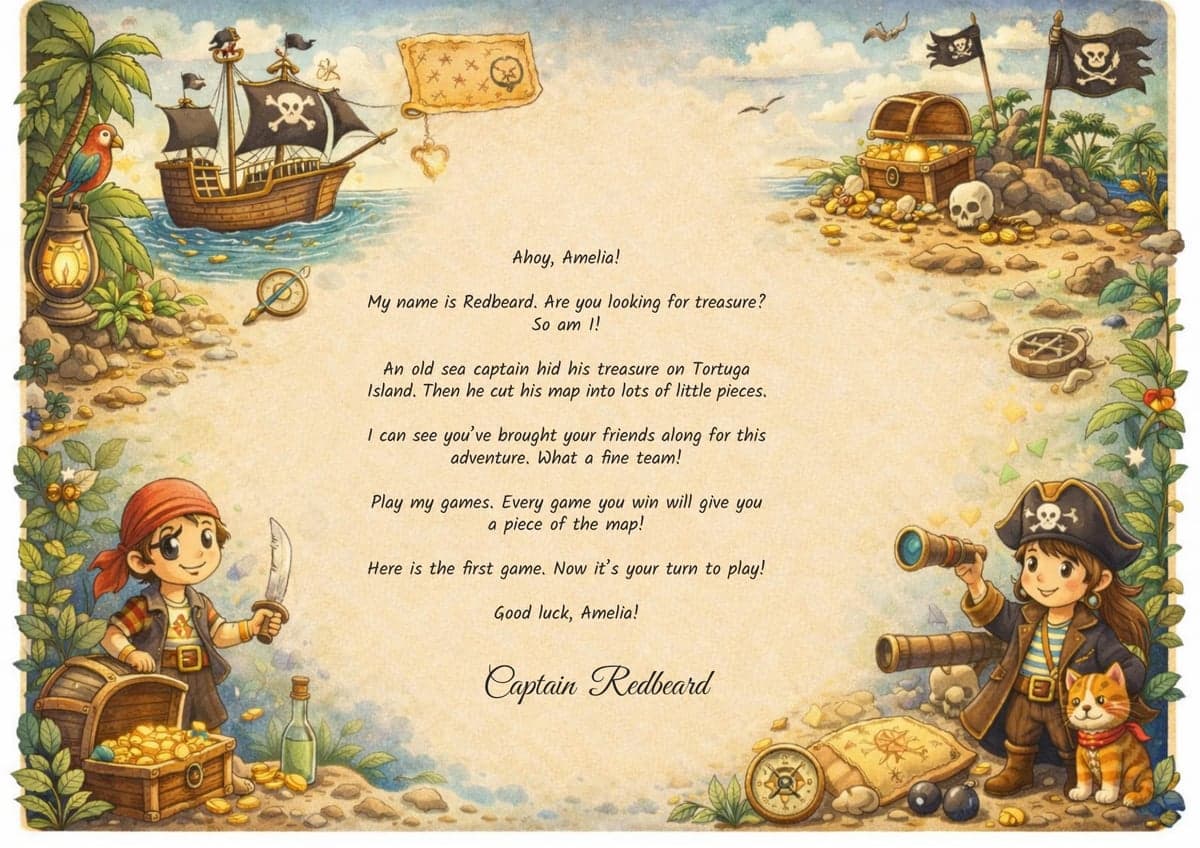 Treasure hunt welcome letter, theme: Pirates, 4–6 years